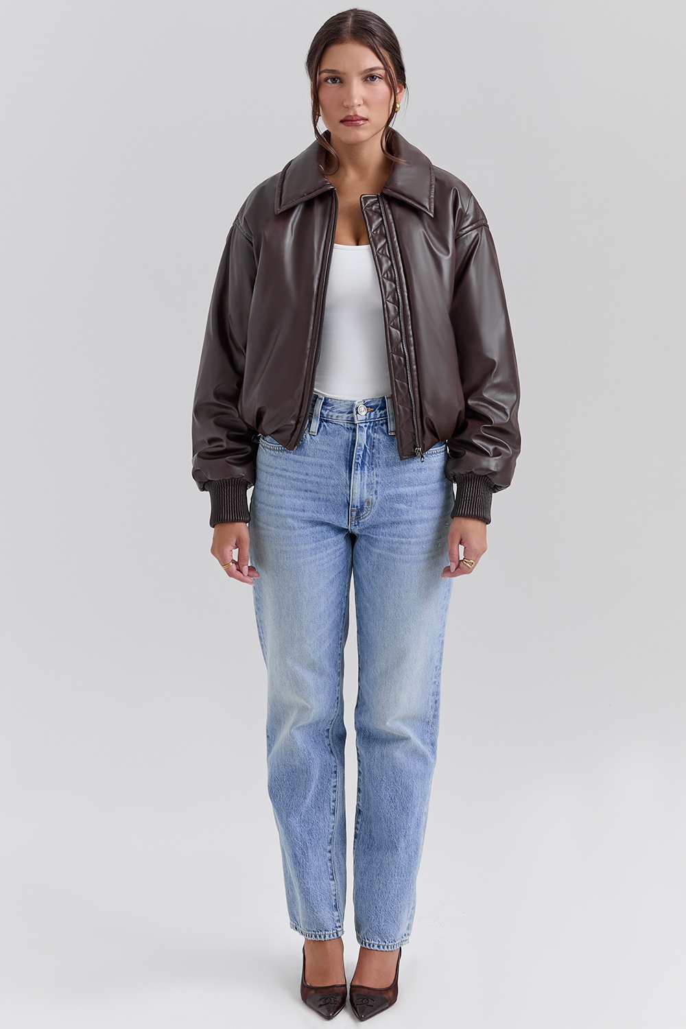 Sante-Dark Brown Vegan Leather Bomber Jacket