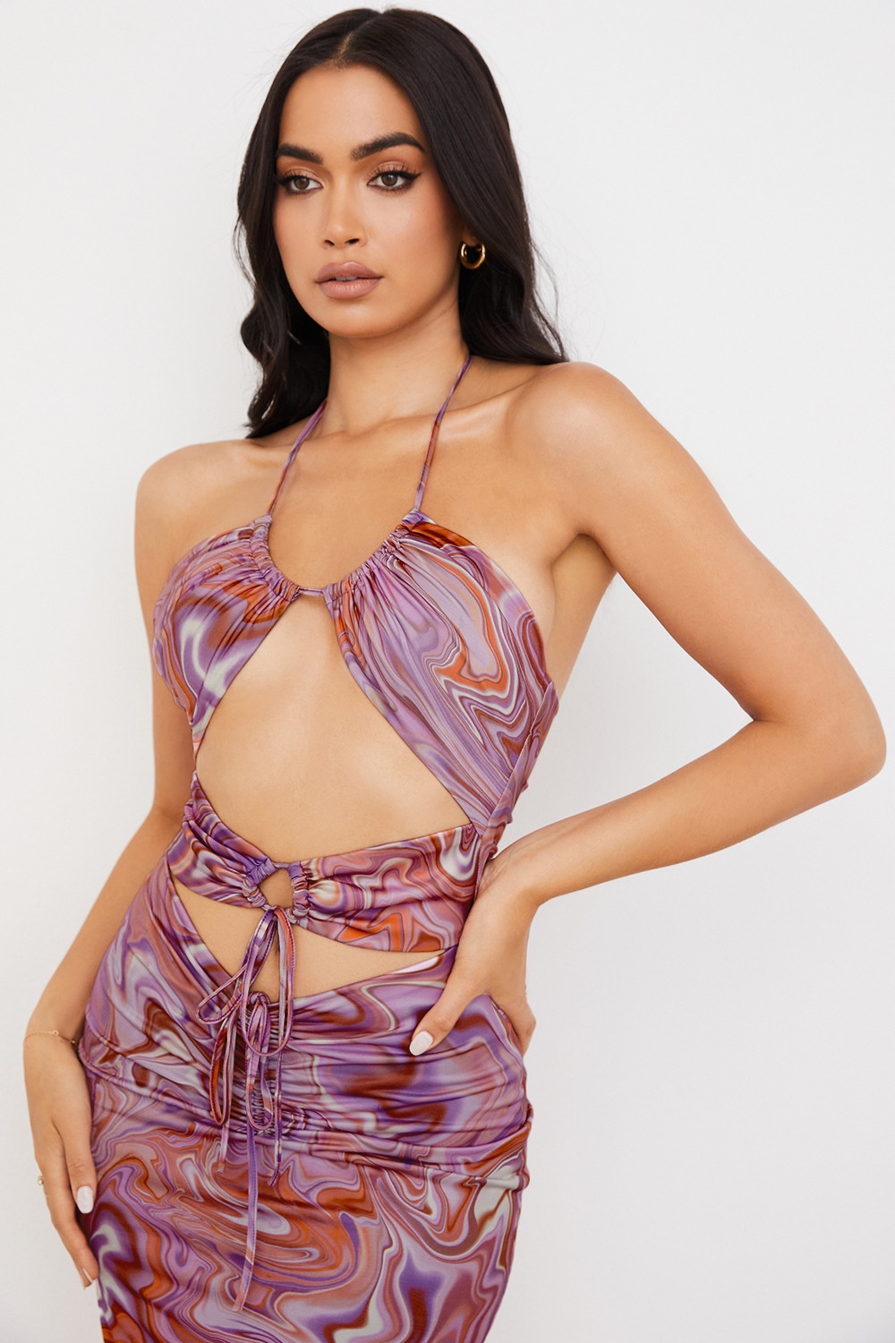 Kasia-Purple Swirl Cutout Midi Dress
