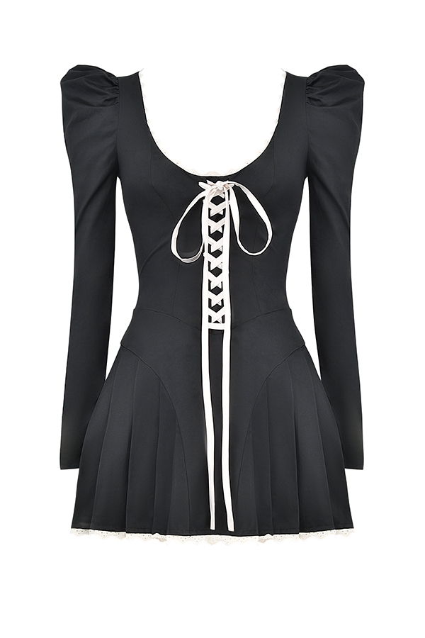 Larisa-Black & Cream Pleated Mini Dress