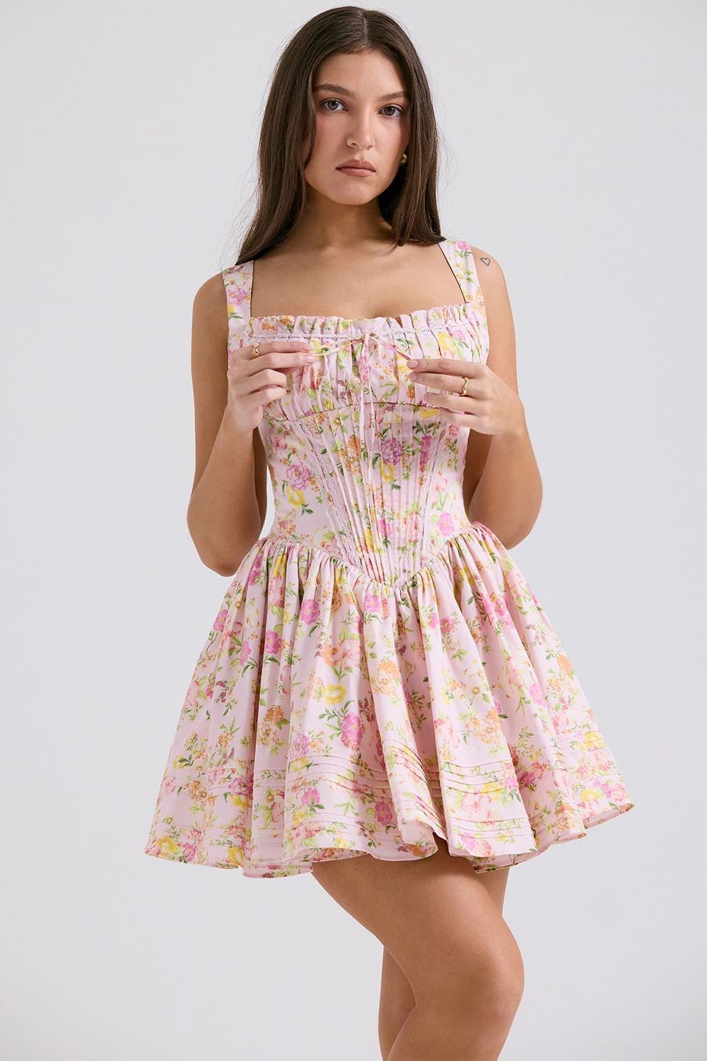 Natassia-Pink Meadow Print Cotton Mini Dress