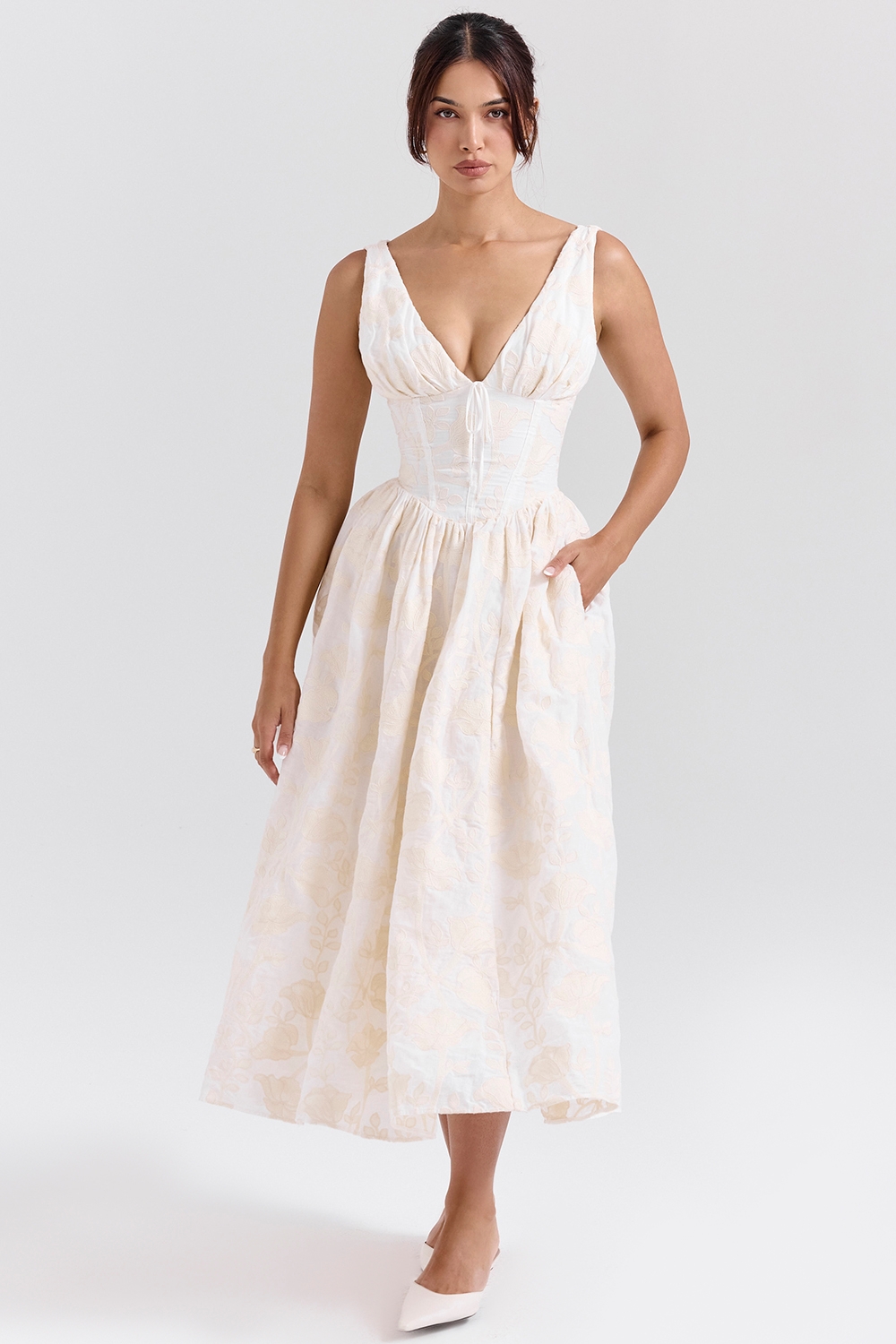Emmelina-Vintage Ivory Floral Embroidered Corset Sundress