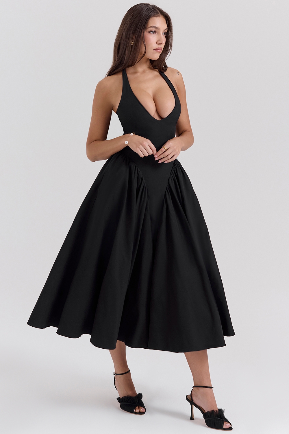 Marilyn-Black Twill Halter Midi Dress