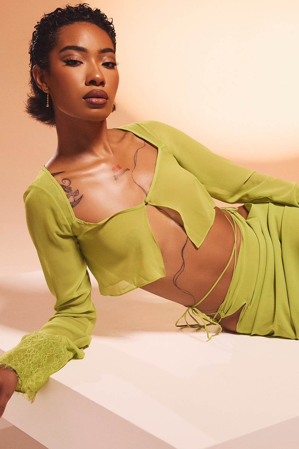 Tara-Lime Green Georgette Cropped Top