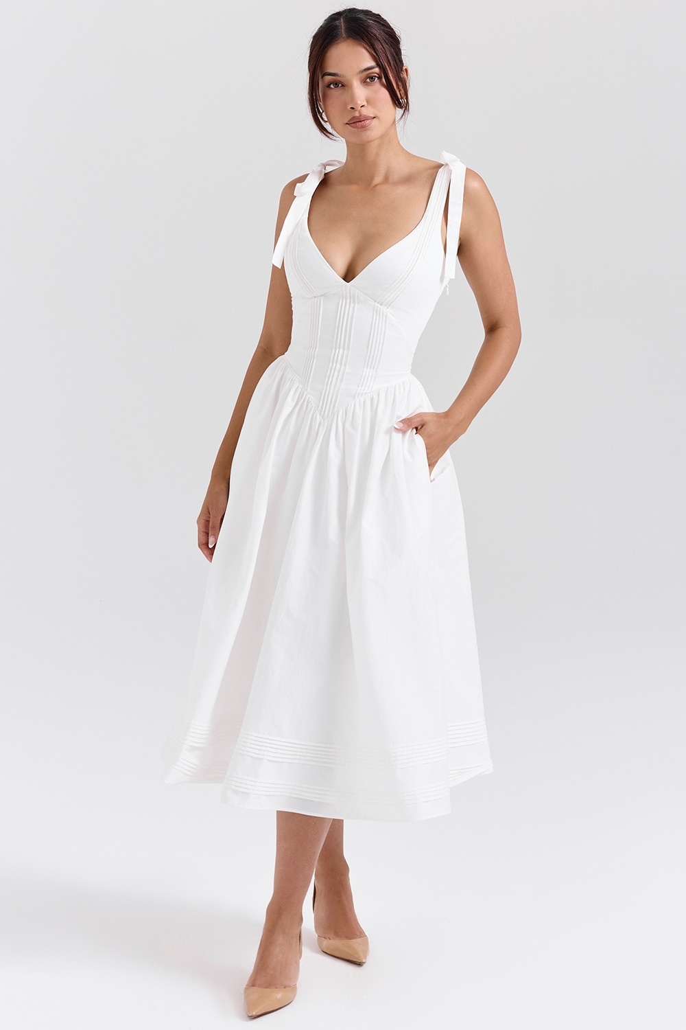 Hattie-White Pin Tuck Cotton Midi Sundress