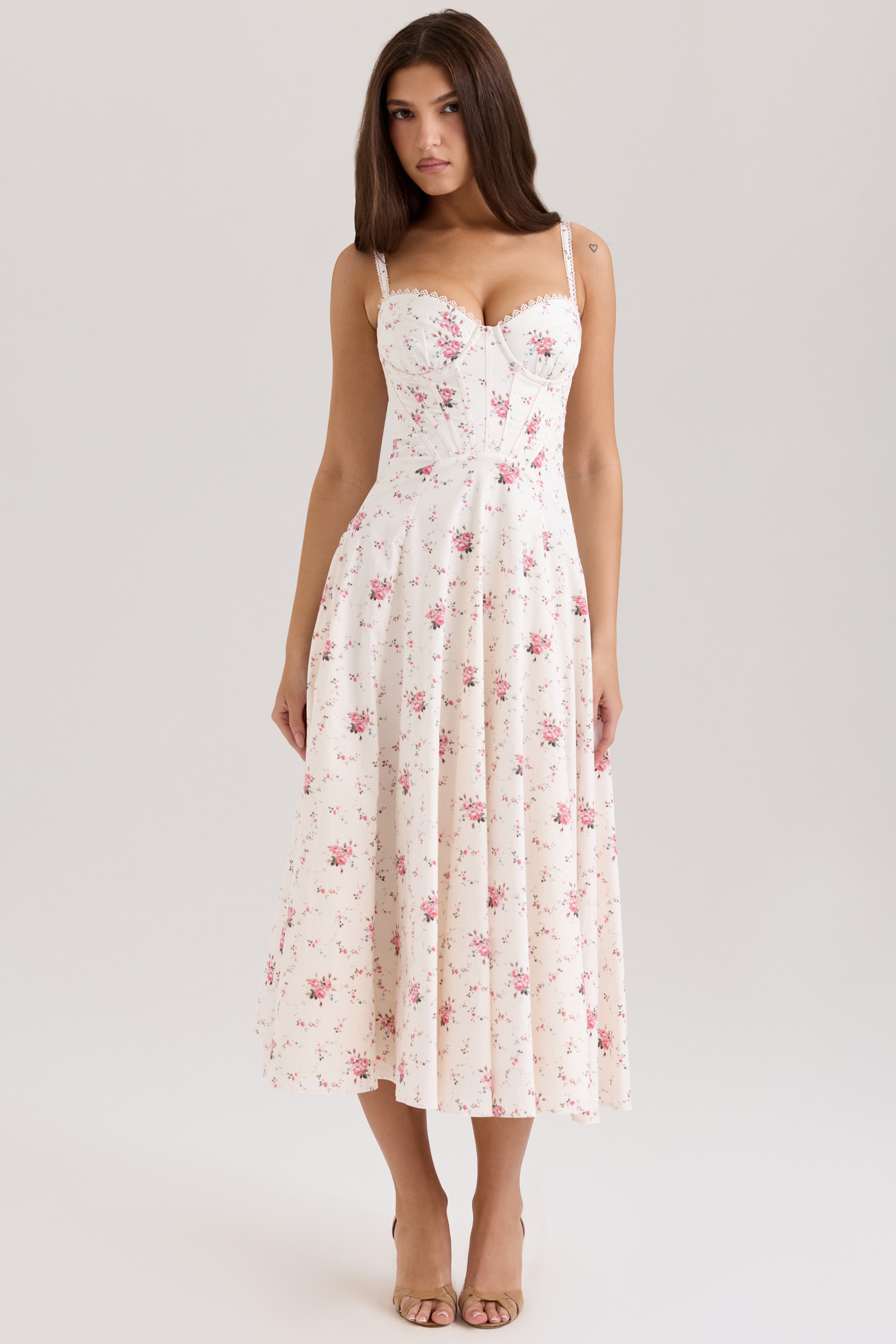 Steffani-White Stretch Cotton Rose Print Midi Sundress