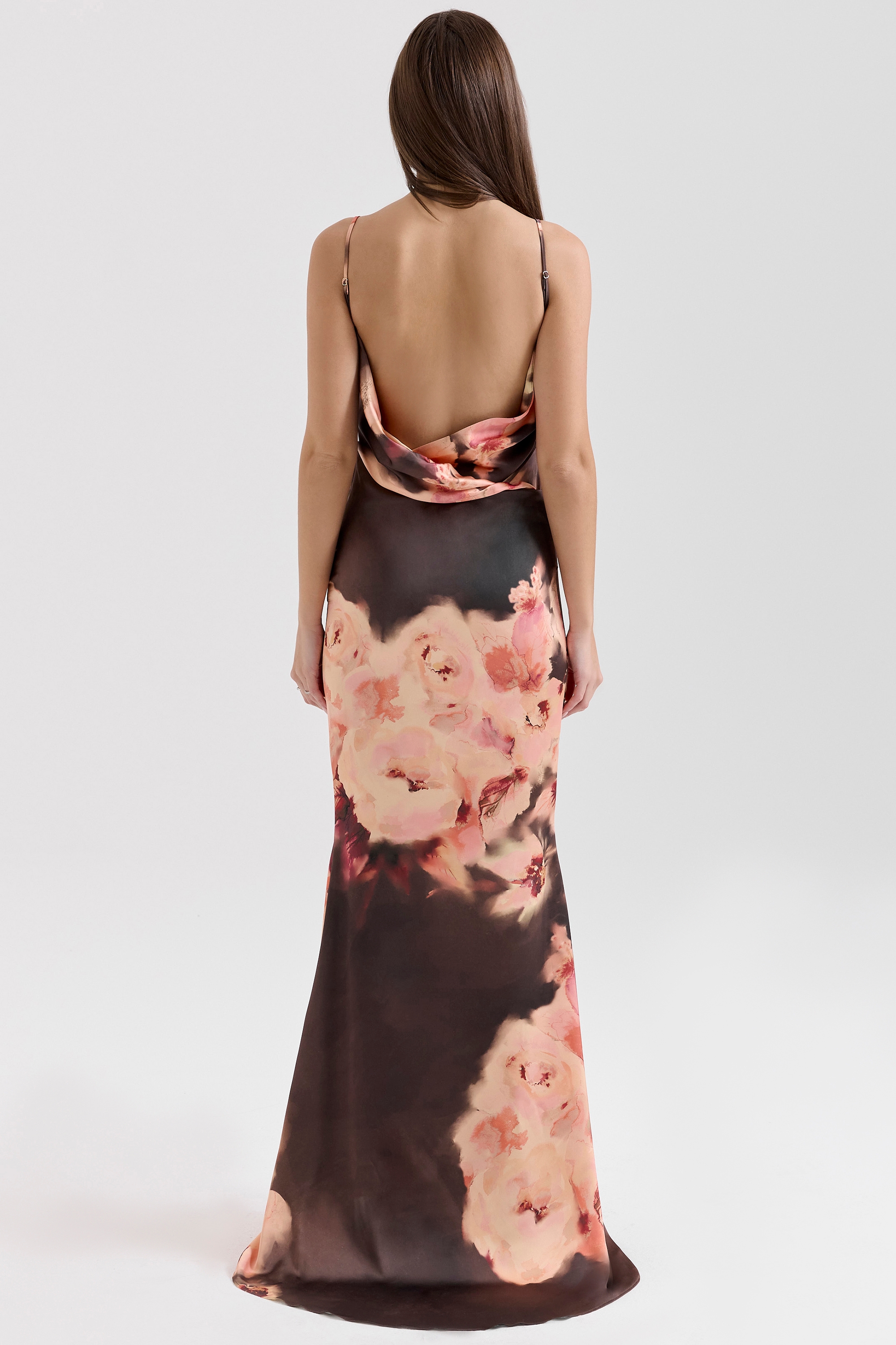 Mariamma-Dark Brown Floral Printed Satin Maxi Dress