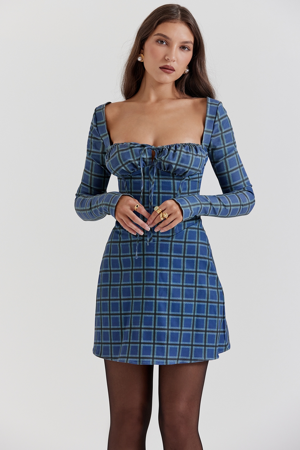 Malika-Blue Tartan Corset Mini Dress