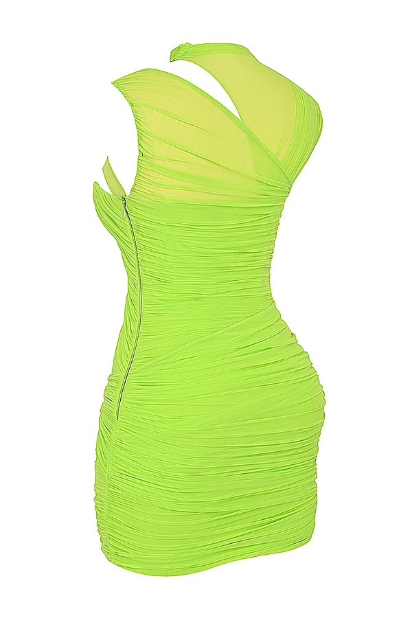 Adrie-Neon Green Gathered Mini Dress