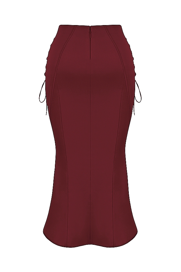 Sidonie-Wine Satin Lace Up Midi Skirt