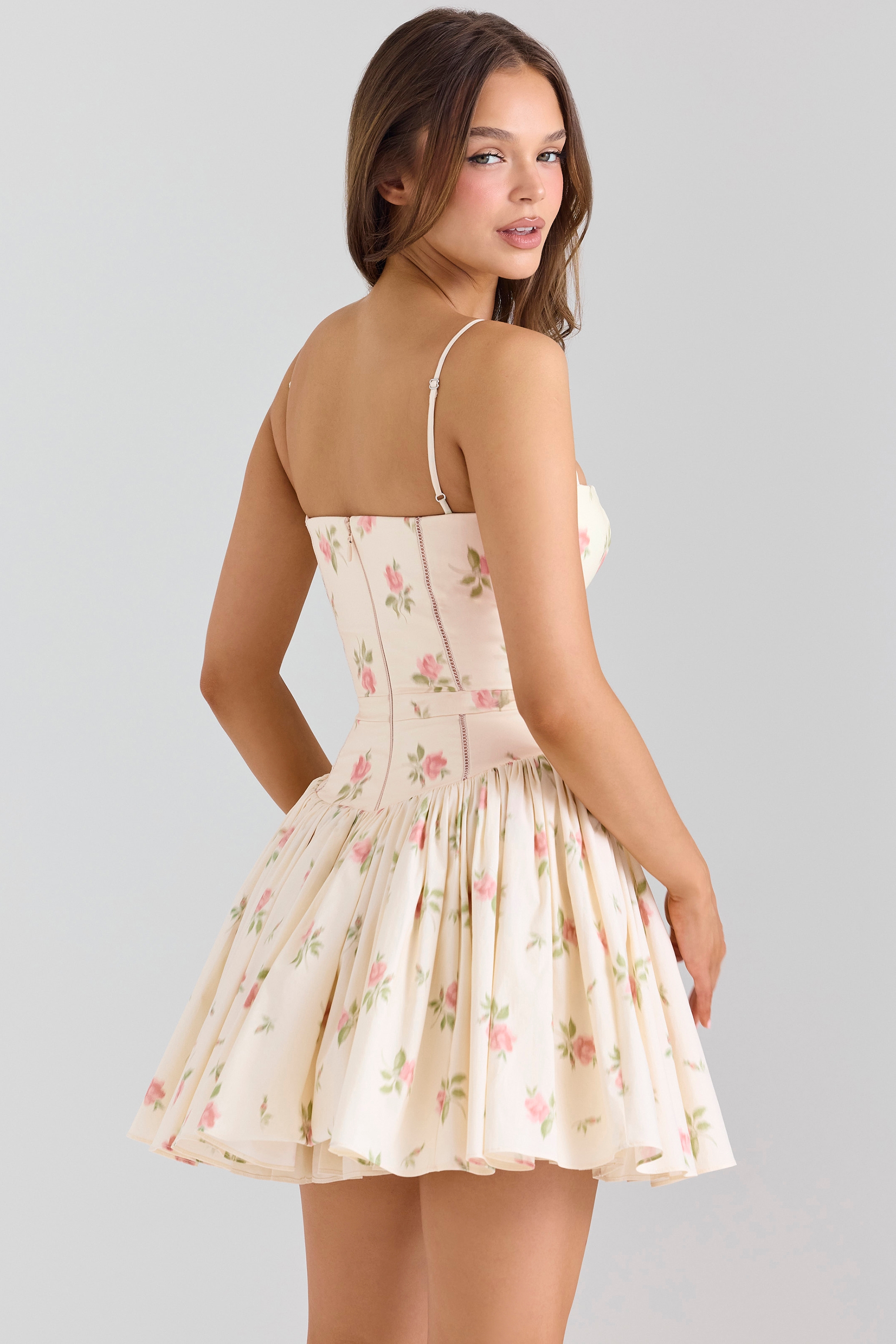 Ysabella-Cream Rose Print Stretch Cotton Mini Sundress