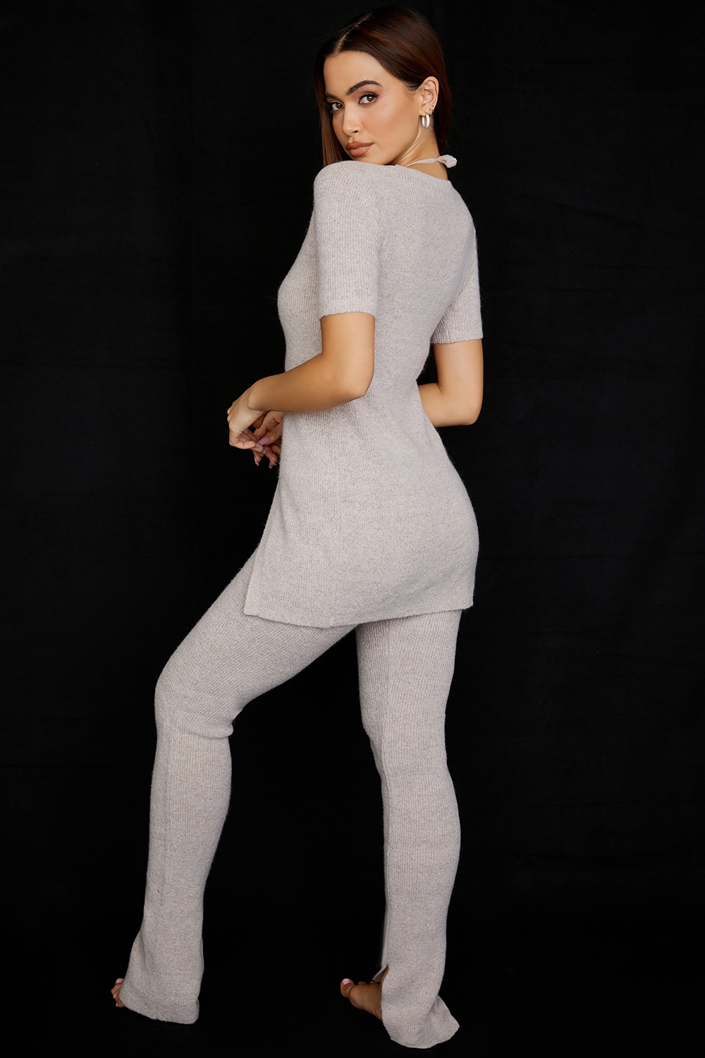 Raven-Oatmeal Ribbed Knit Flared Trousers - SALE