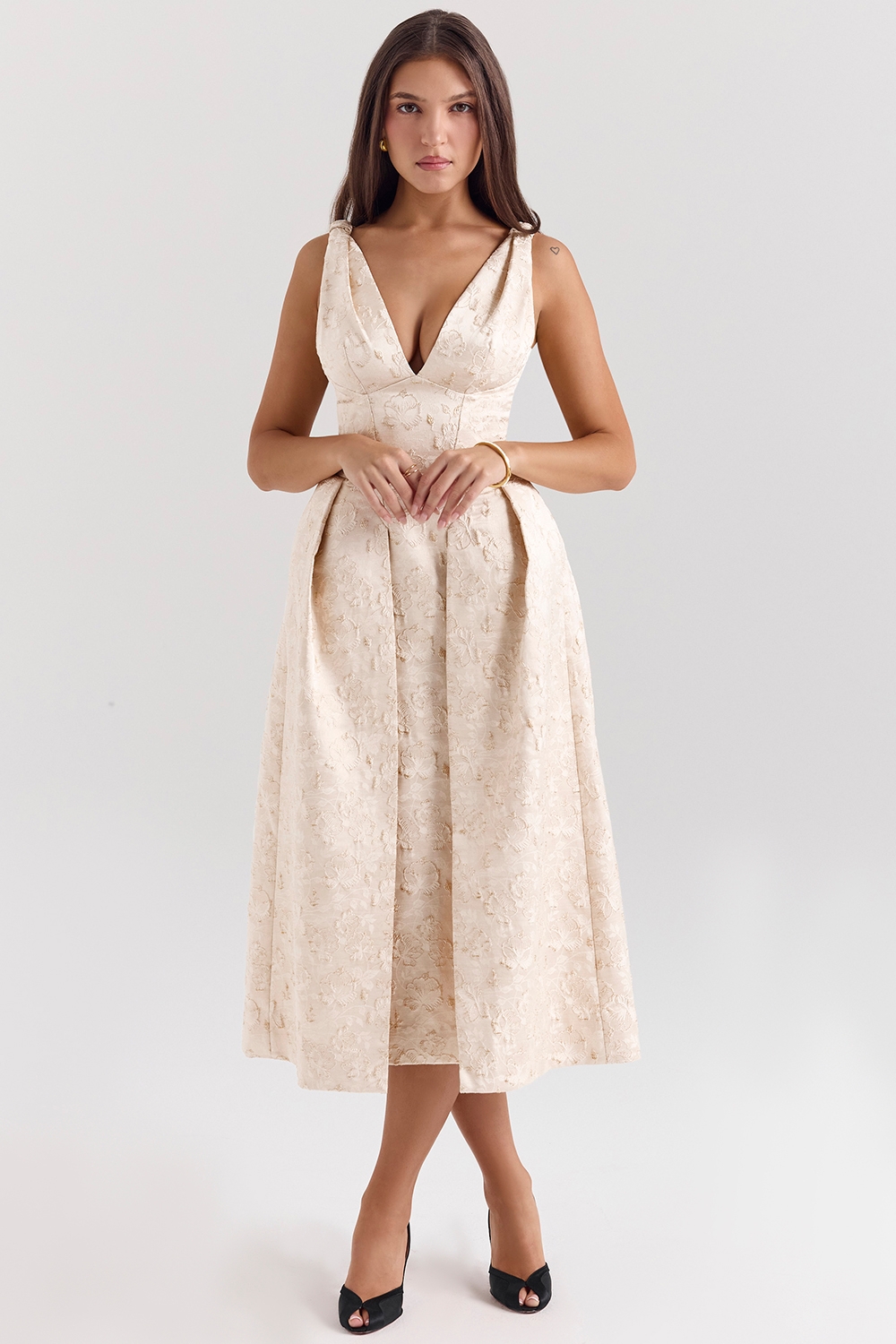 Paloma-Ivory Metallic Jacquard Midi Dress - SALE