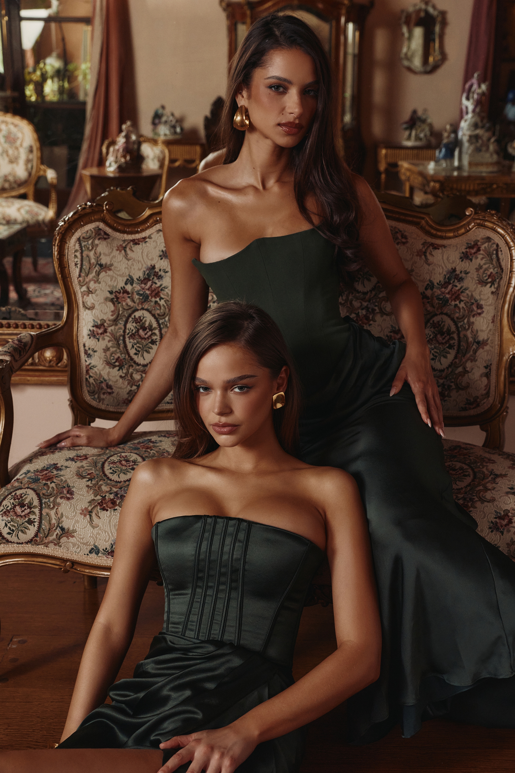 Carelle-Forest Green Satin Strapless Maxi Dress