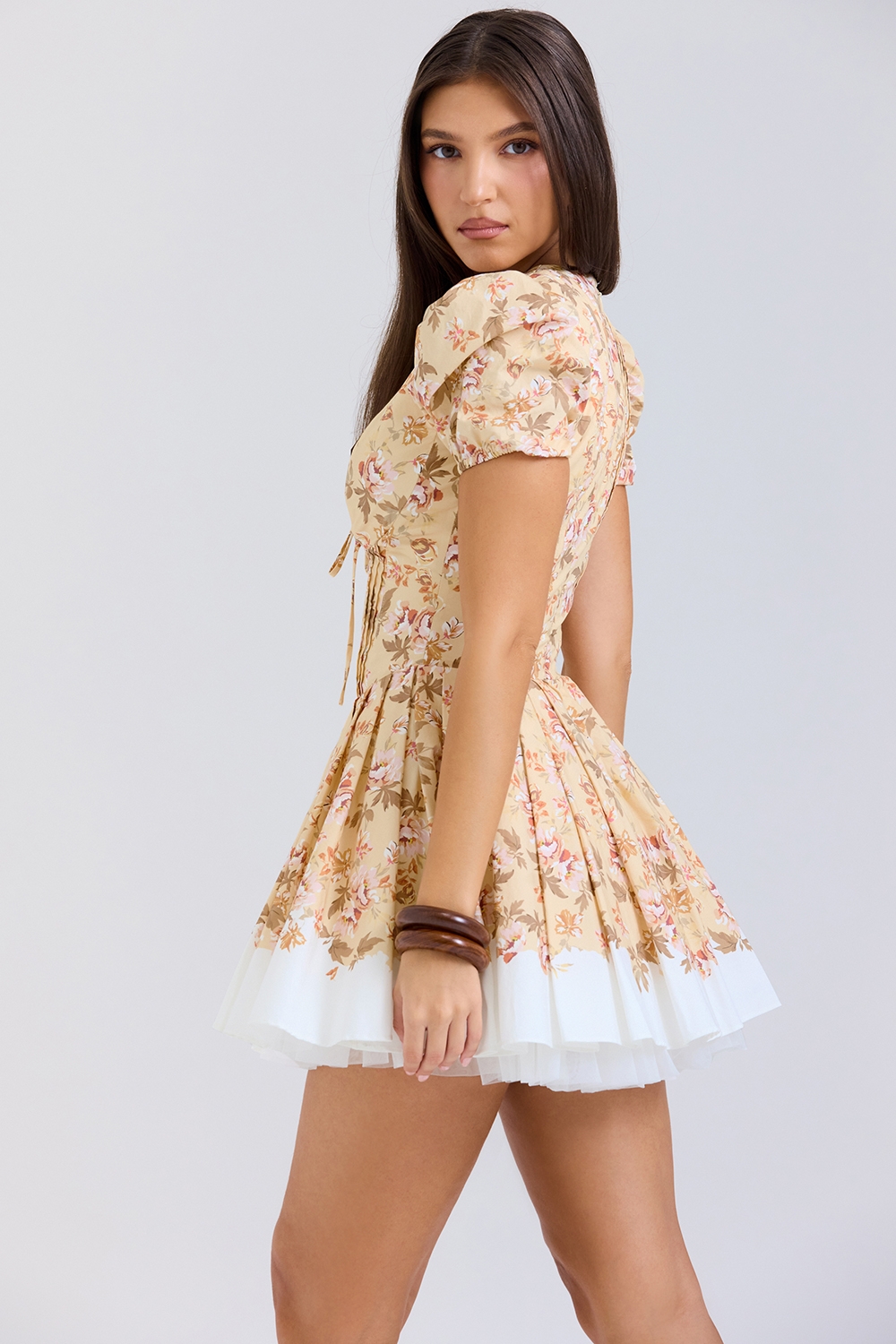 Imani-Honeyflower Print Pleated Cotton Mini Dress