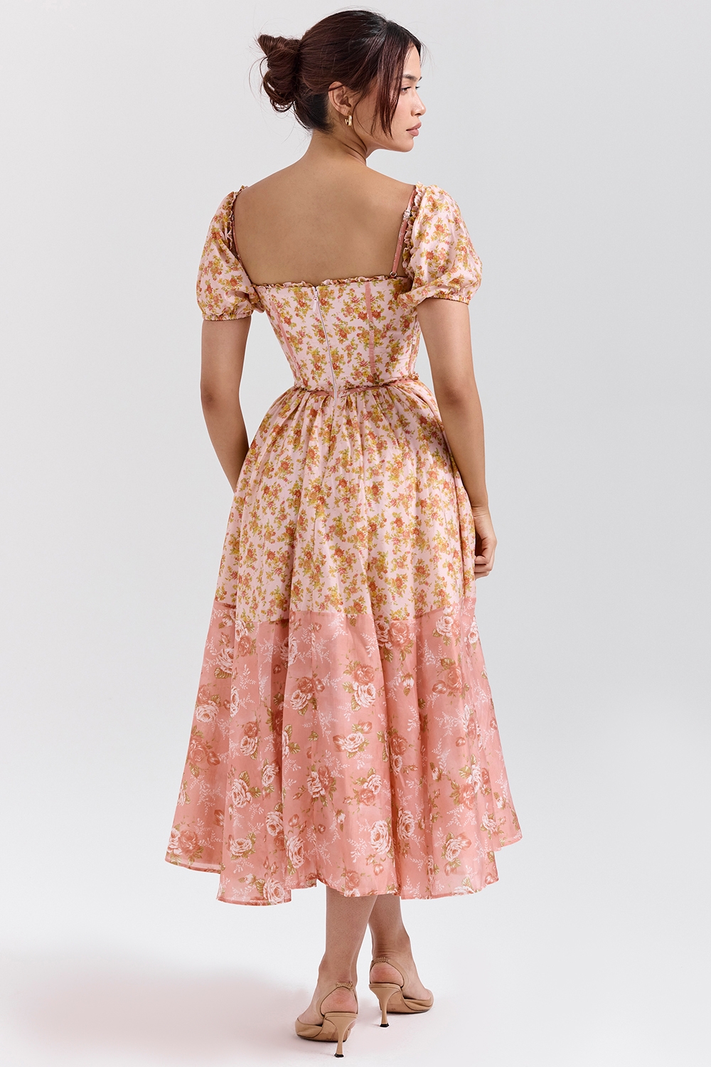 Penelope-Peach Poppy Print Puff Sleeve Midi Sundress