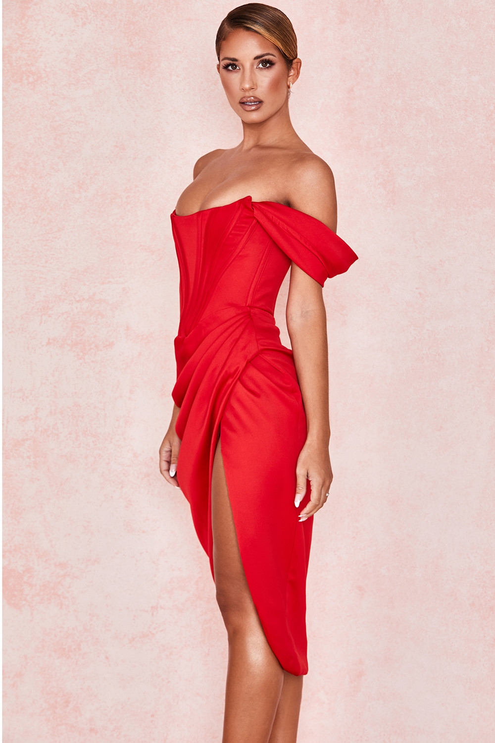 Loretta-Red Satin Off Shoulder Dress
