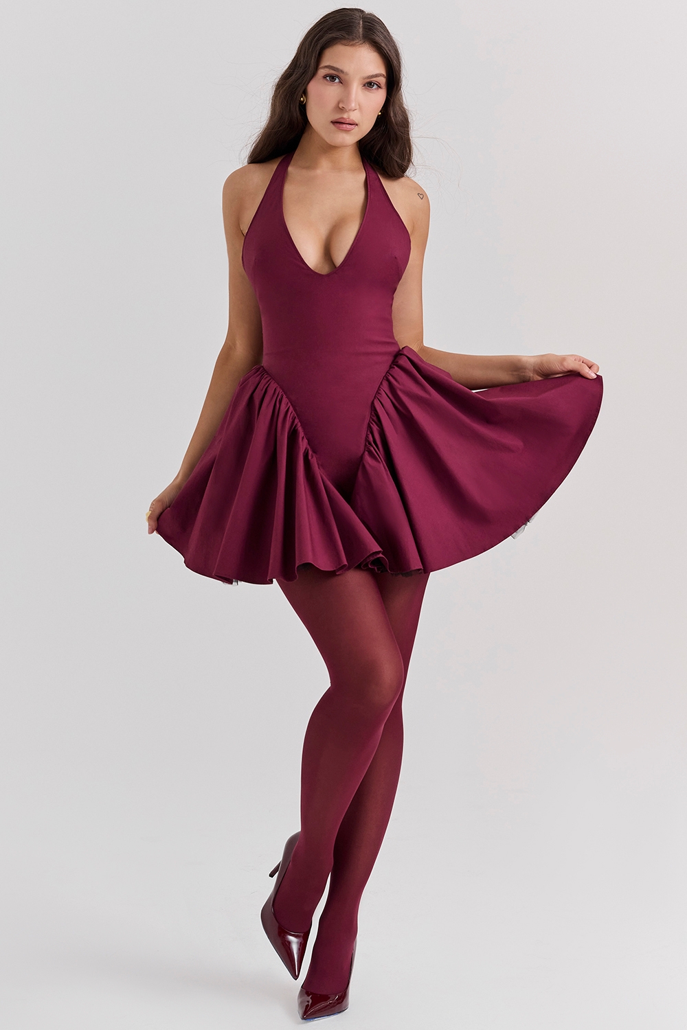Valentia-Wine Halter Mini Dress