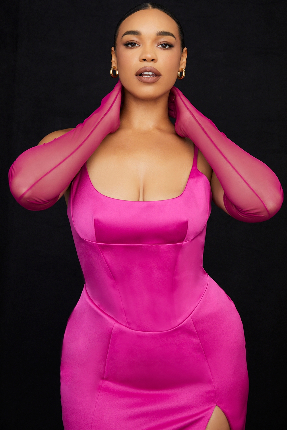 Esther-Pink Mesh Opera-length Gloves