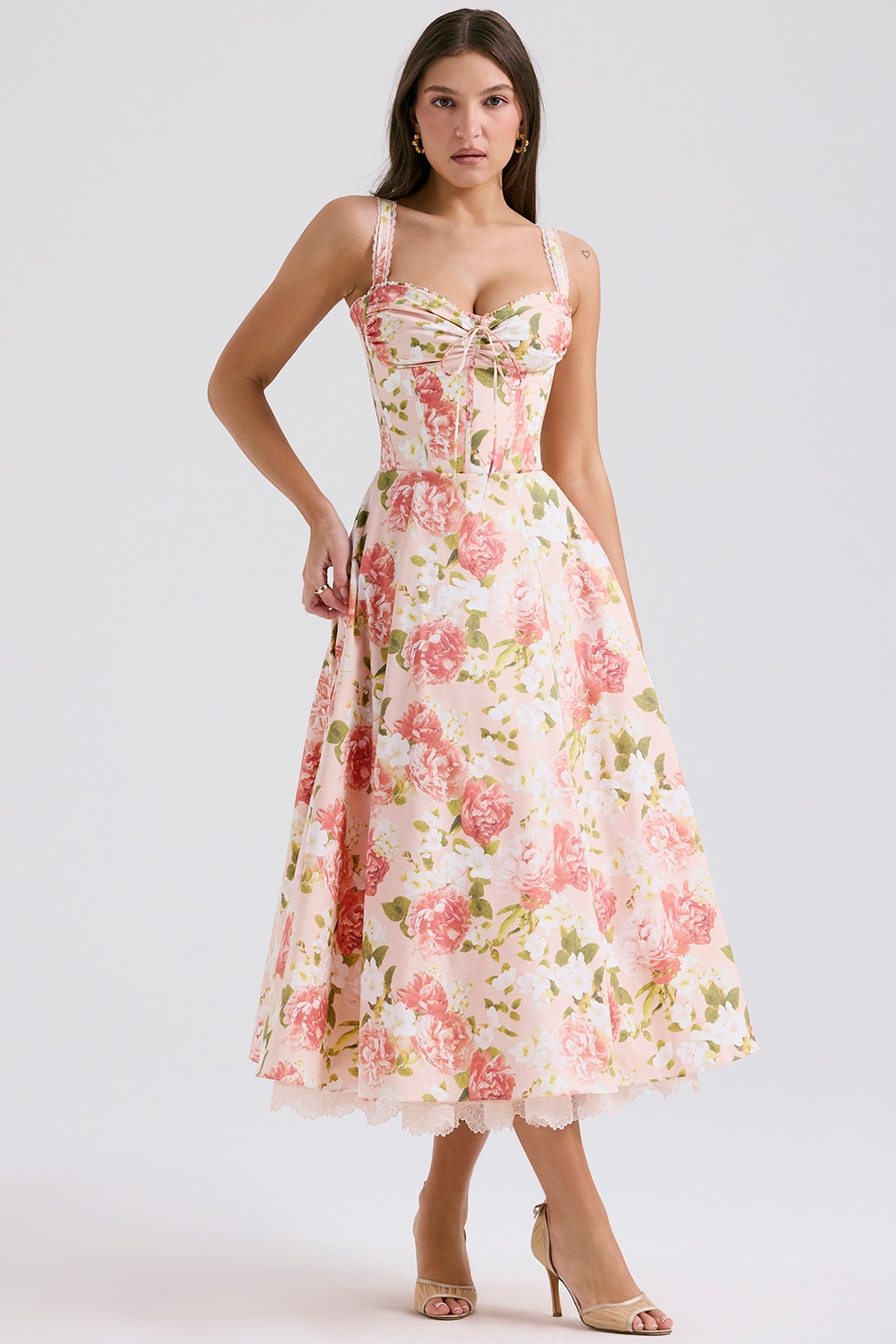 Rosalee-Pink Peony Print Cotton Bustier Sundress