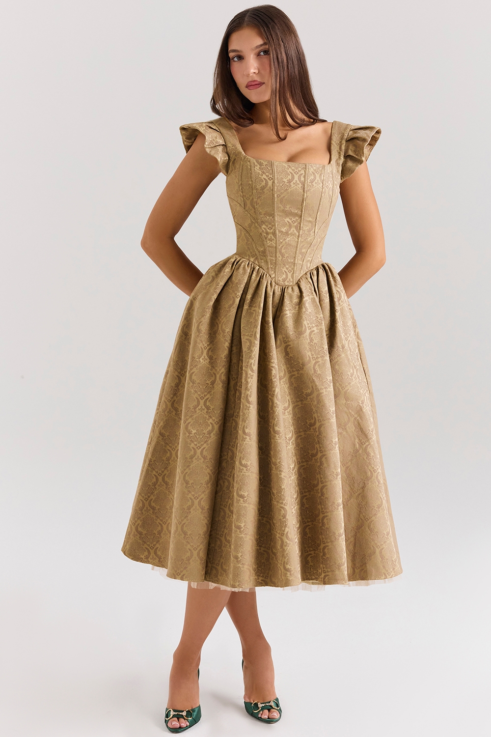 Alessandra-Gold Jacquard Midi Dress with Detachable Bow - SALE