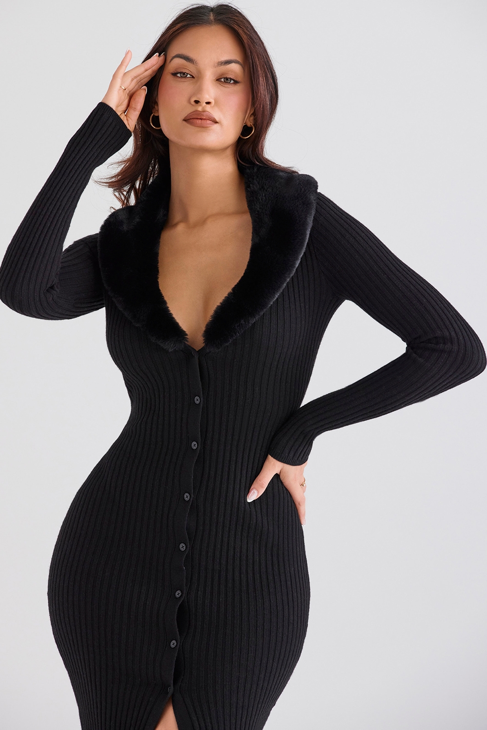 Raine-Black Faux Fur Trim Dress - SALE