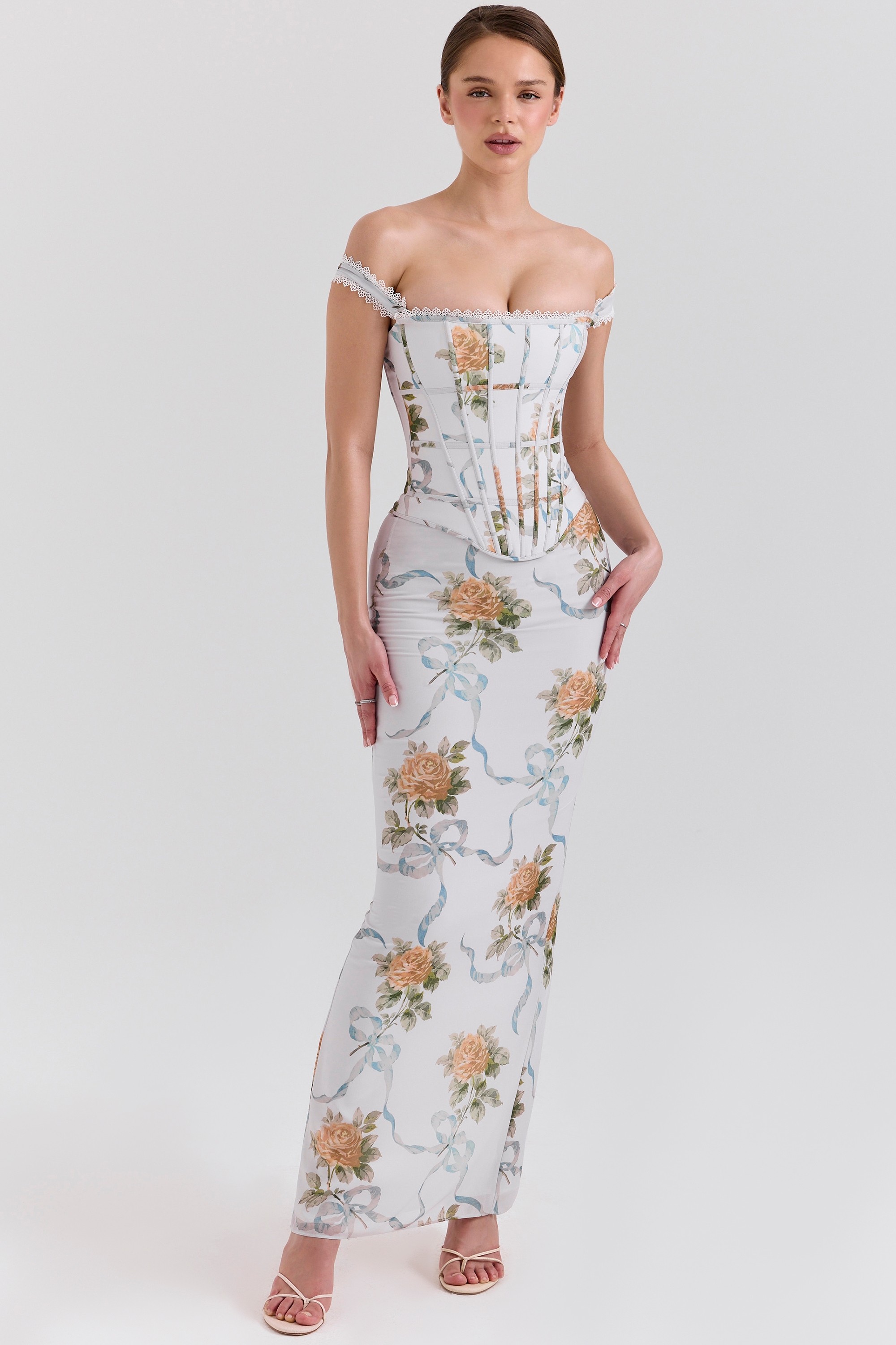 Isis-Soft Blue Vintage Print Corset Maxi Dress