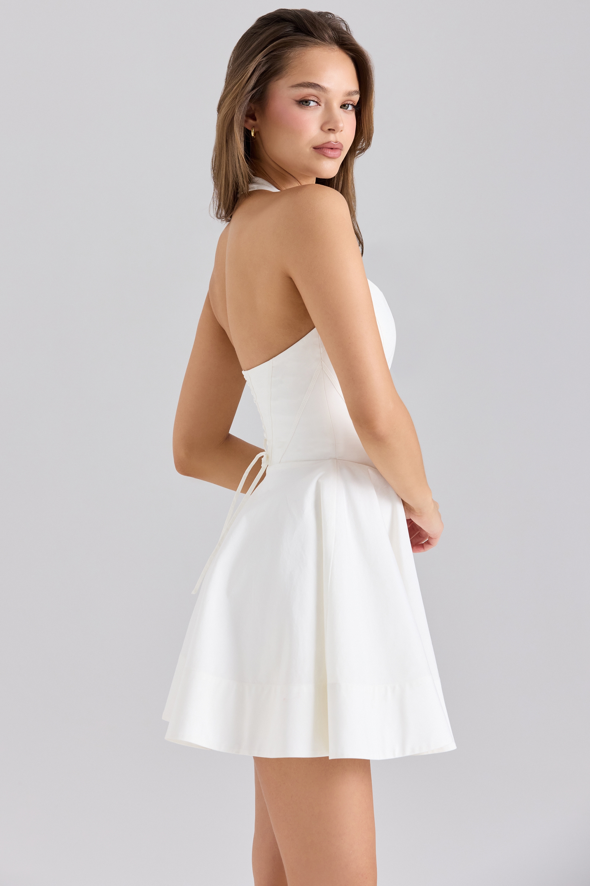 Sasha-White Stretch Cotton Halter Neck Mini Dress