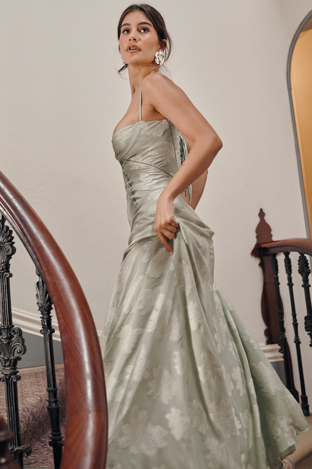 Seren-Pistachio Floral Lace Back Maxi Dress