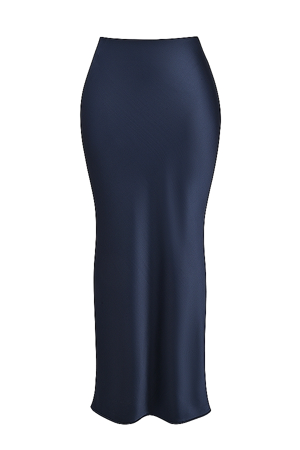 Charlene-Navy Satin Bias Cut Maxi Skirt