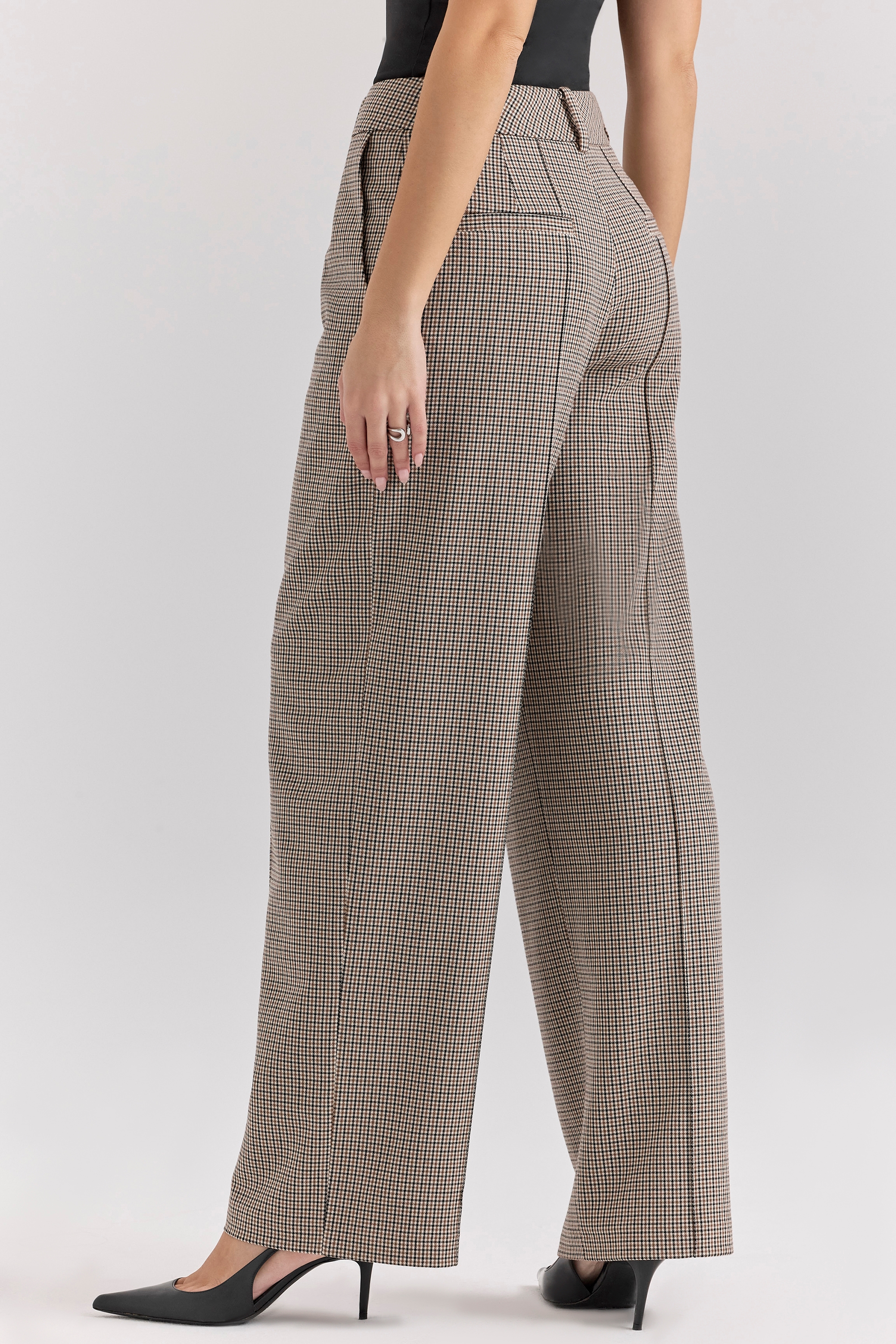 Hayden-Brown Puppytooth Wide Leg High Waist Tailored Trousers
