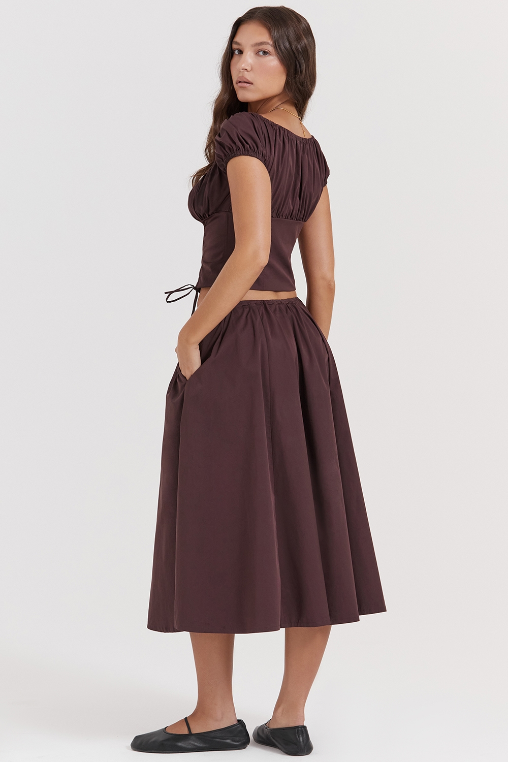 Cora-Rich Brown Gathered Midi Skirt