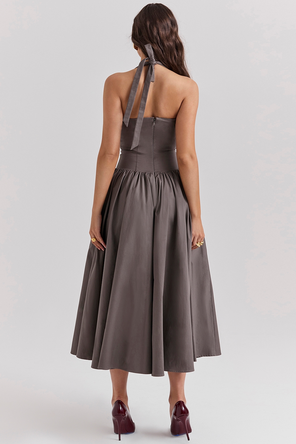 Coquette-Smoke Halter Midi Dress
