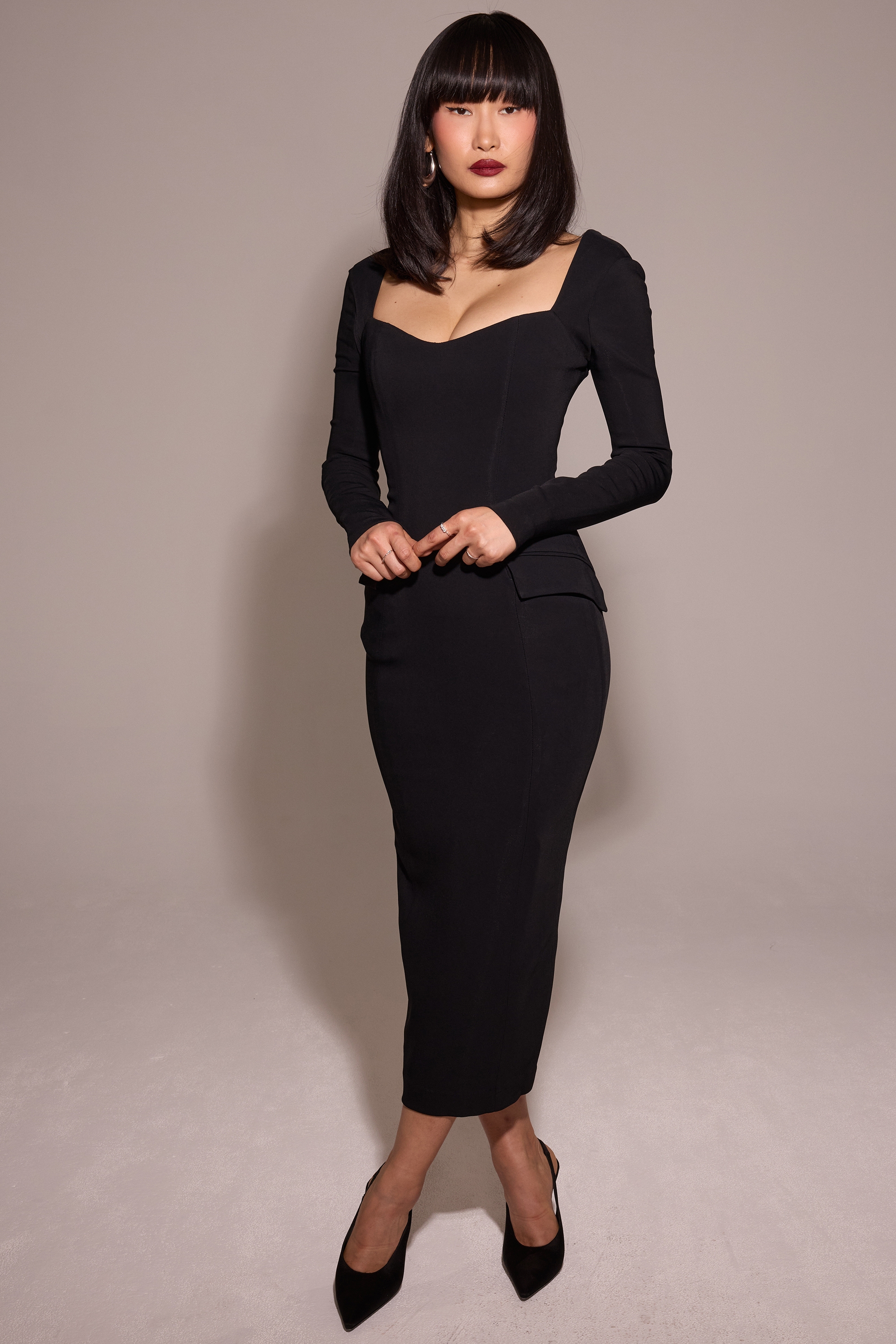 Ella-Black Stretch Crepe Long Sleeve Midi Dress