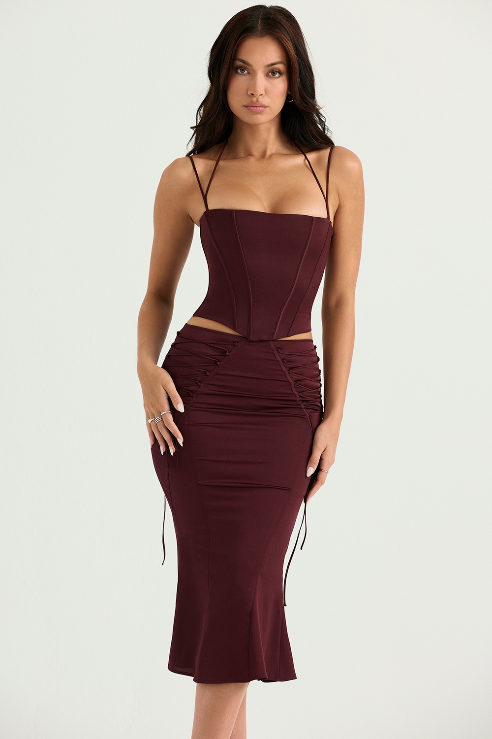 Sidonie-Wine Satin Lace Up Midi Skirt