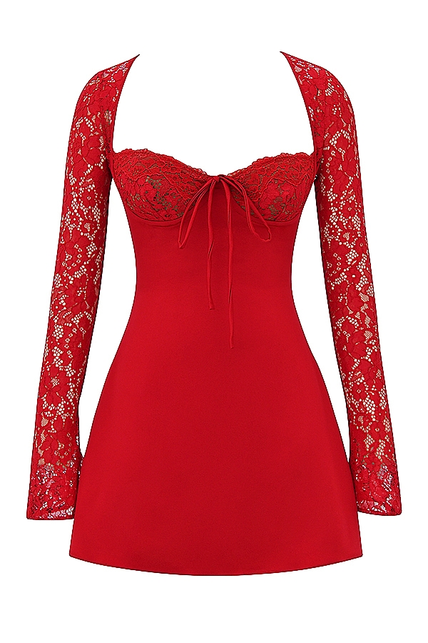 Jennica-Red Rose Satin And Lace Mini Dress
