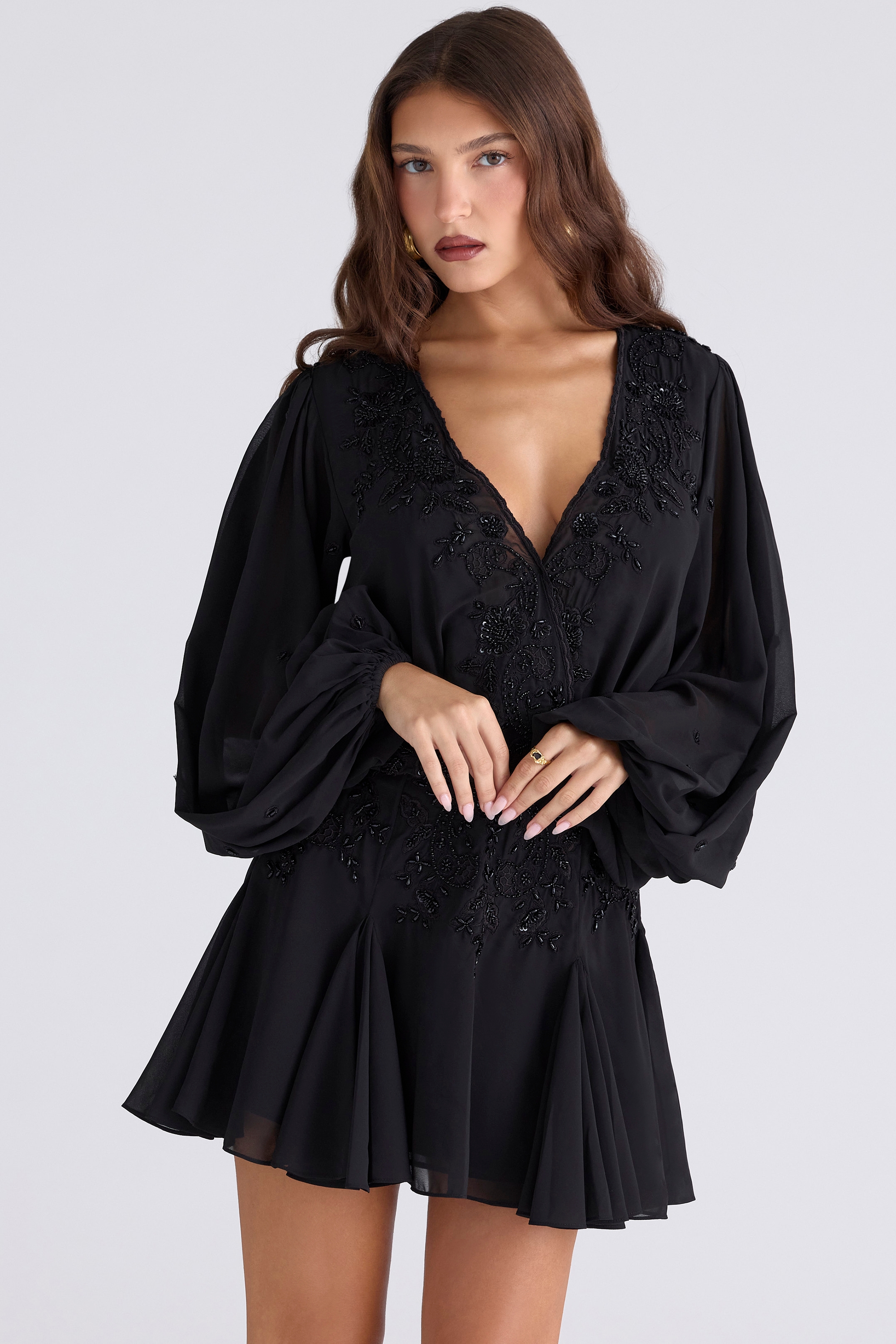 Gianna-Black Hand Beaded Georgette Mini Dress - Limited Edition