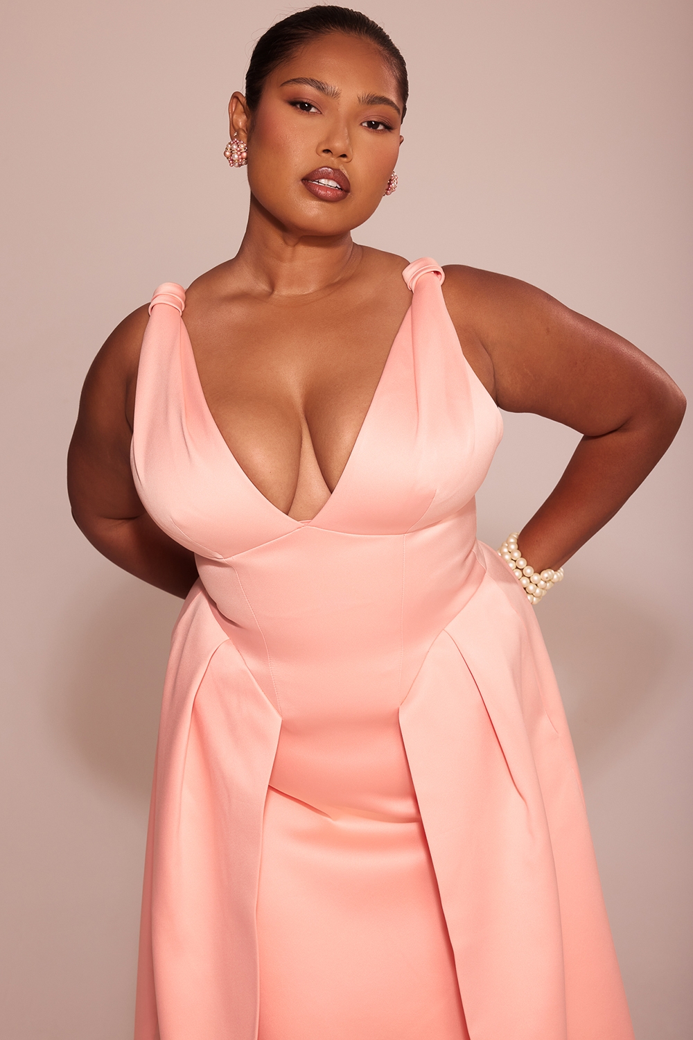 Paloma-Peach Satin Pleated Midi Dress - SALE