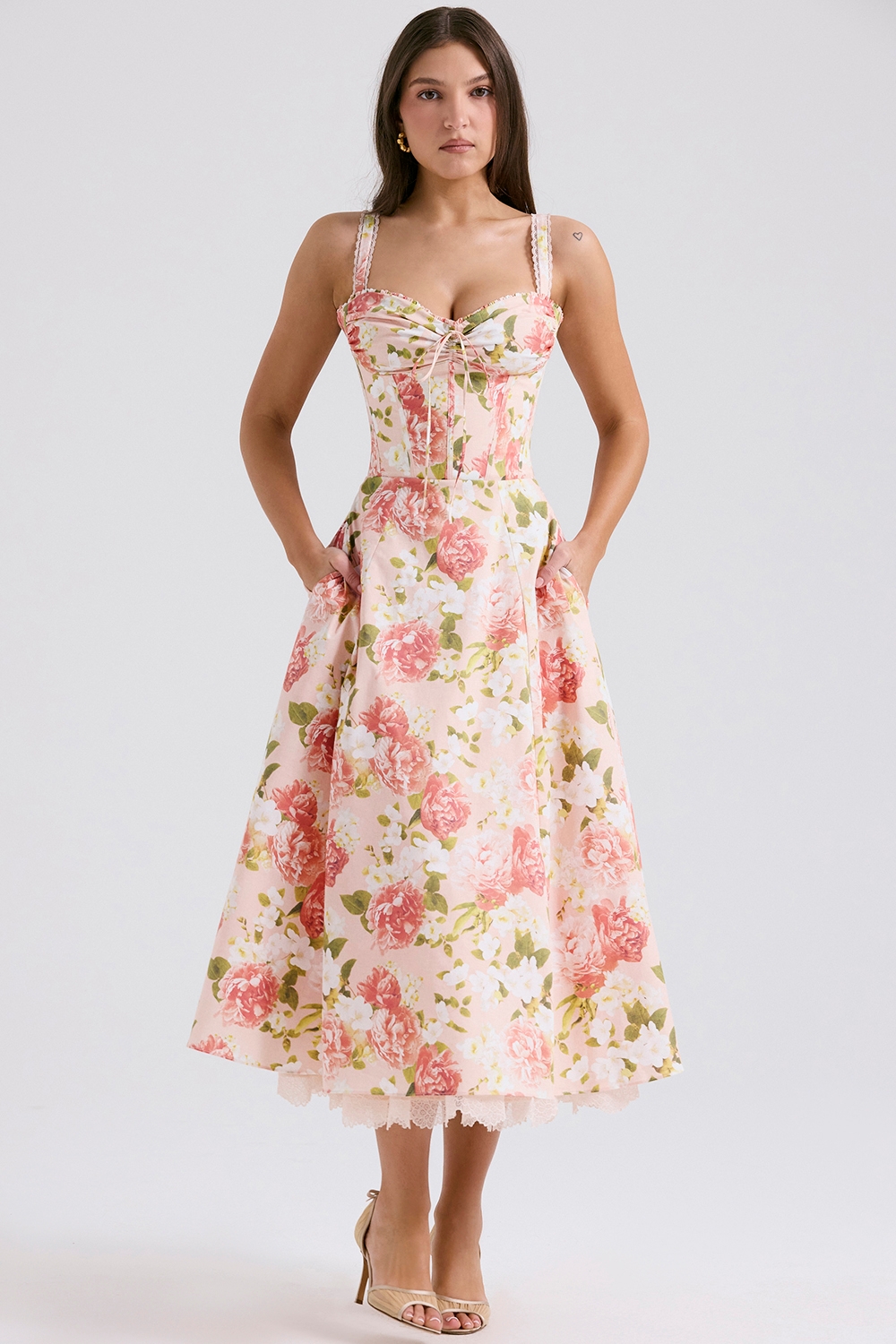 Rosalee-Pink Peony Print Cotton Bustier Sundress