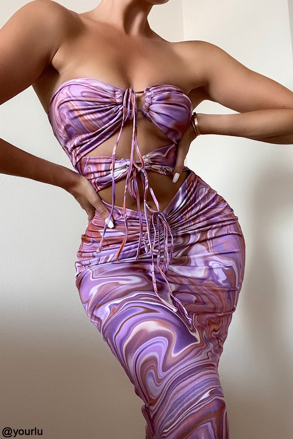 Kasia-Purple Swirl Cutout Midi Dress