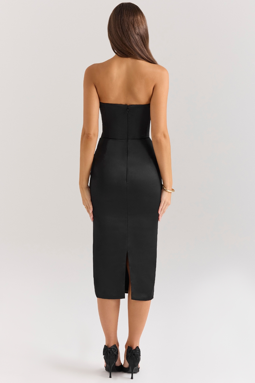 Santana-Black Satin Strapless Midi Dress