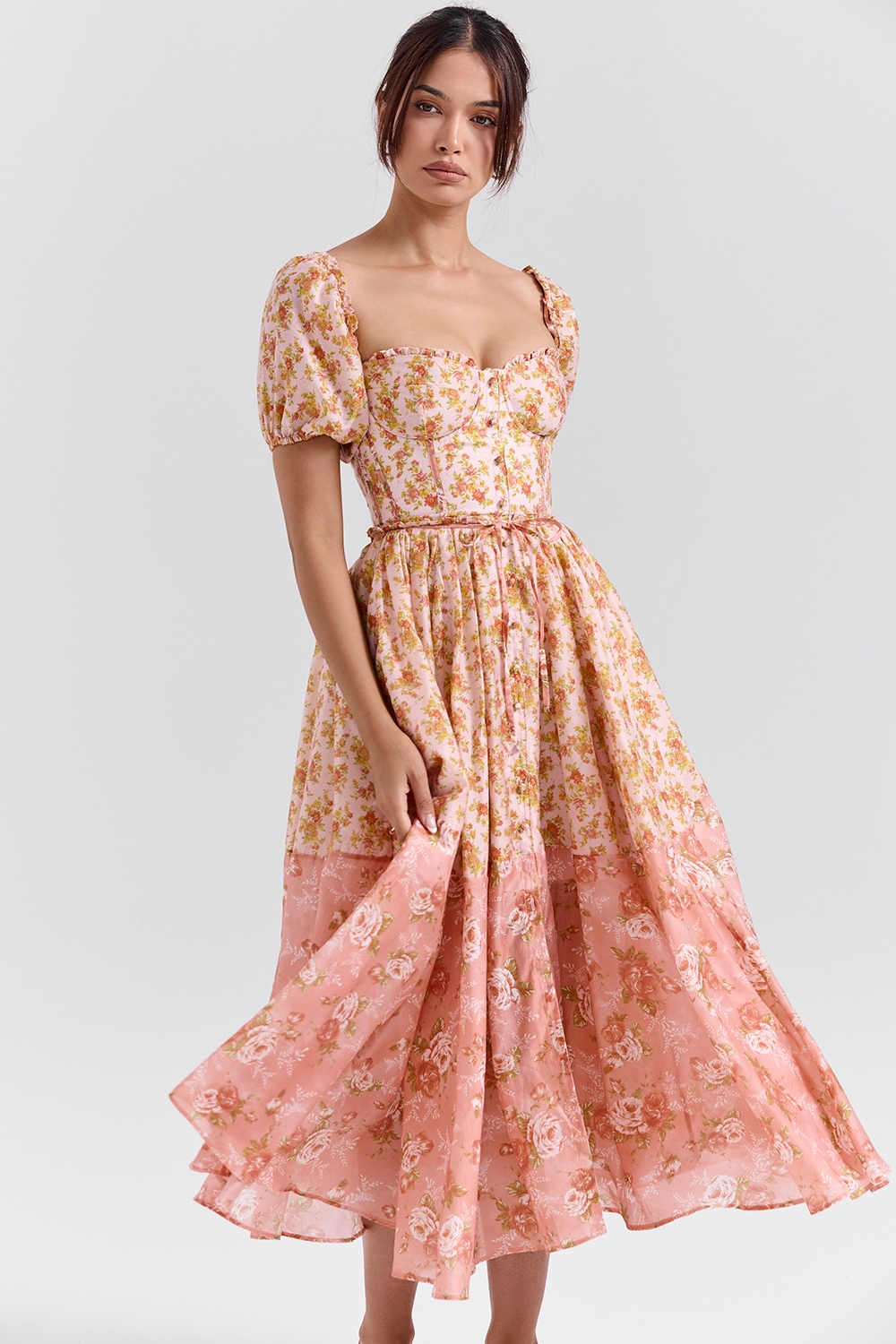 Penelope-Peach Poppy Print Puff Sleeve Midi Sundress