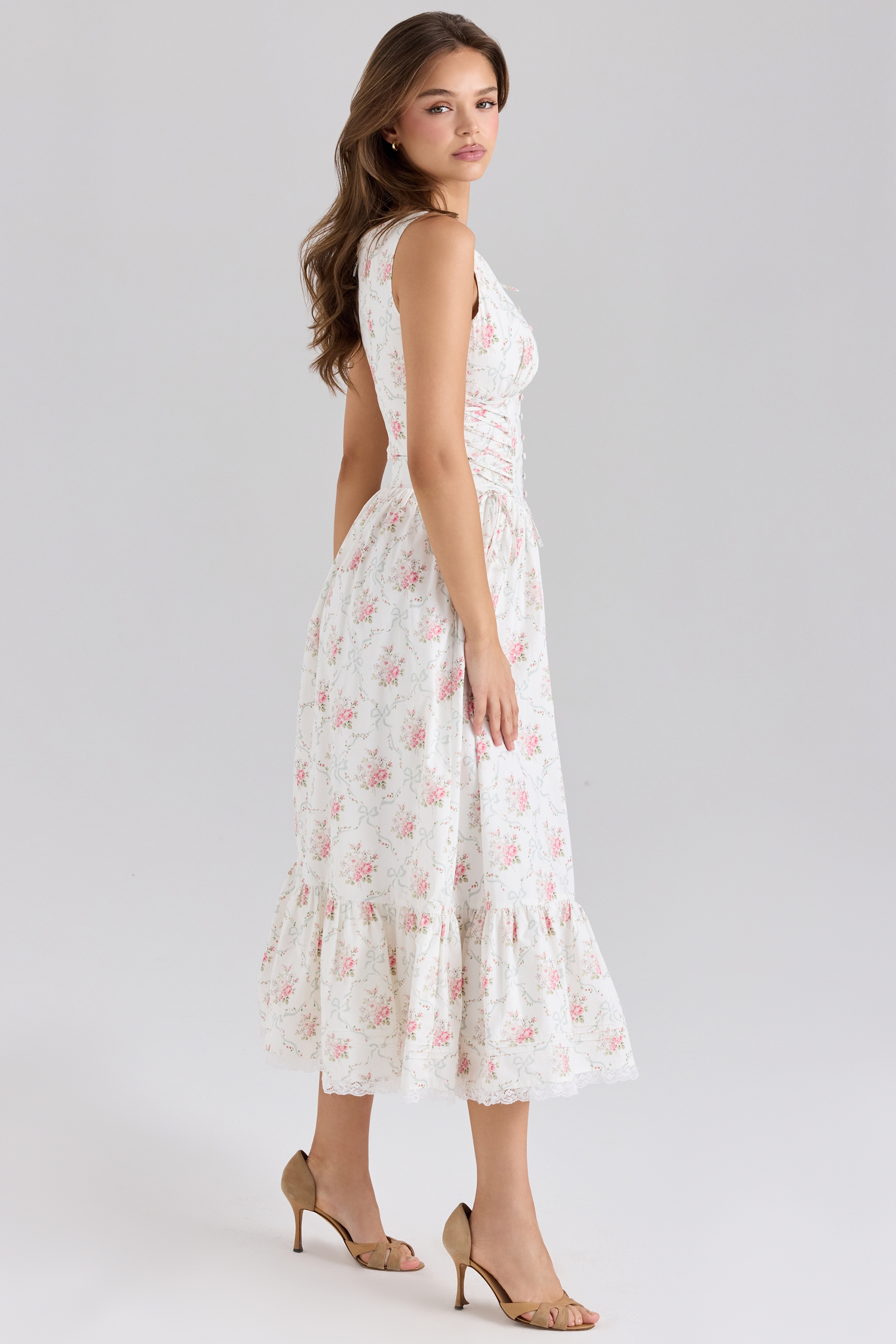 Sienna-Rose Print Stretch Cotton Lace Up Midi Dress