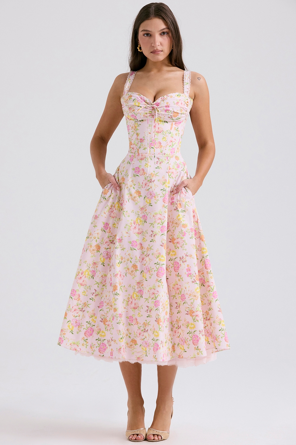 Rosalee-Pink Meadow Print Cotton Bustier Sundress