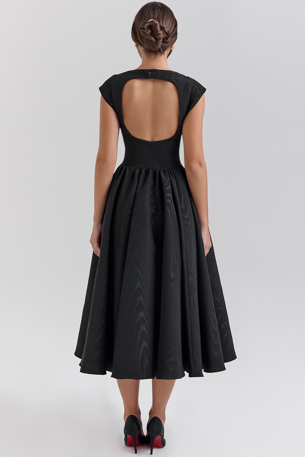 Debutante-Black Moire Satin Backless Midi Dress