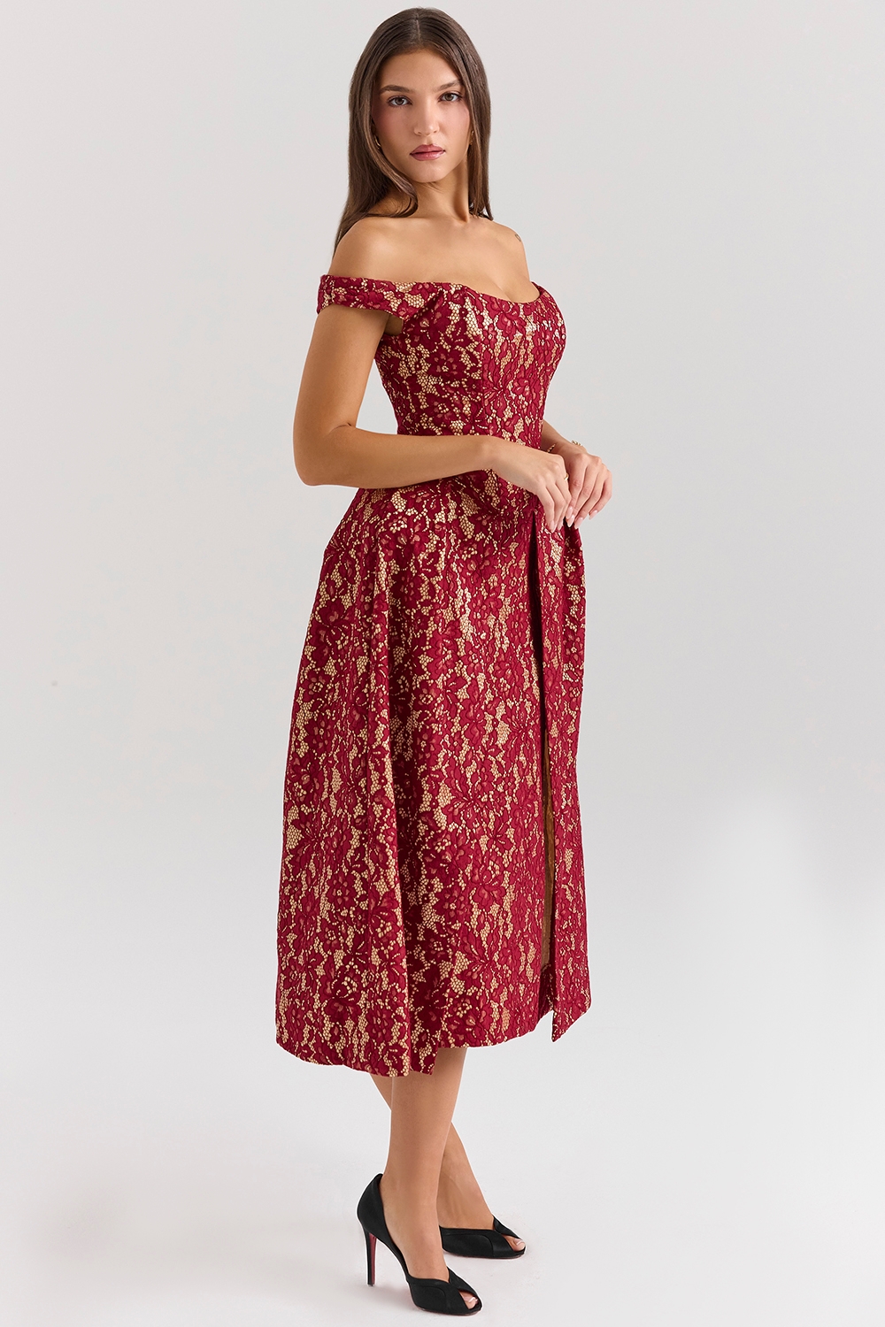 Charming-Gold and Berry Lace Midi Off Shoulder Dress
