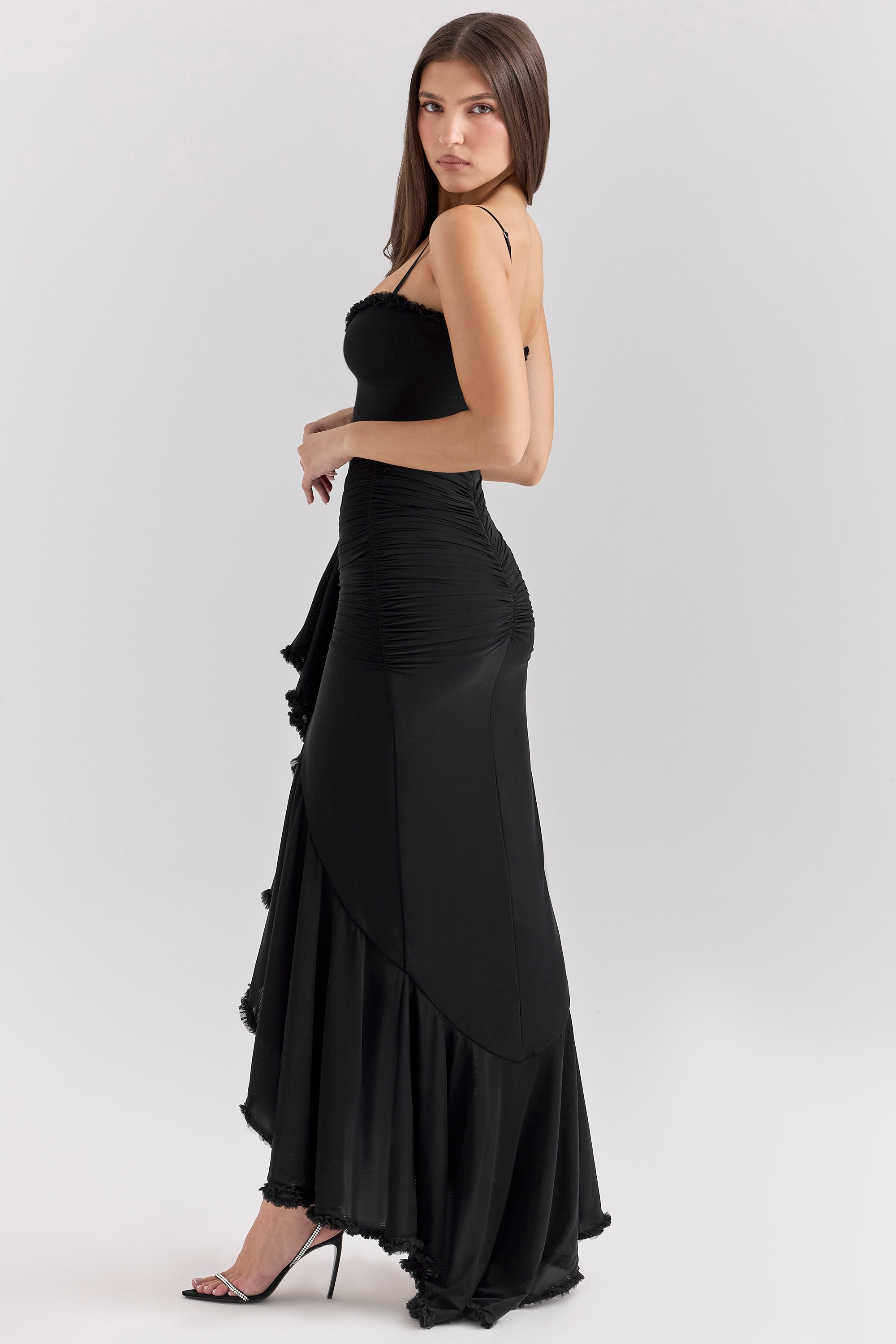 Gabbi-Black Mesh Ruffled Front Gown