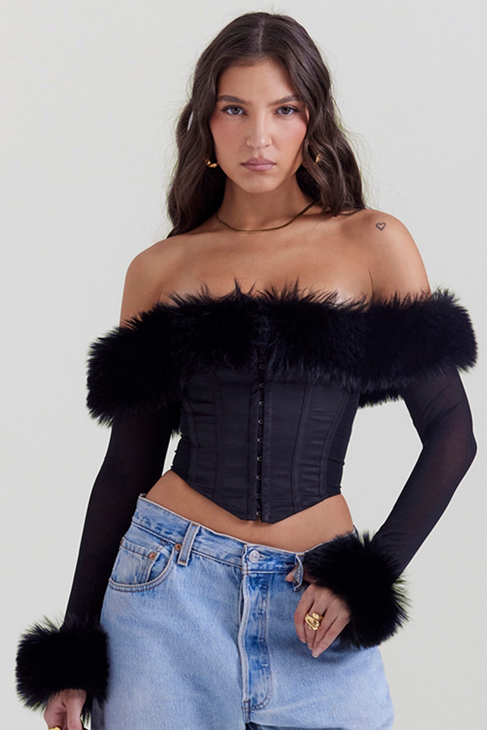 Merle-Black Faux Fur Trim Corset