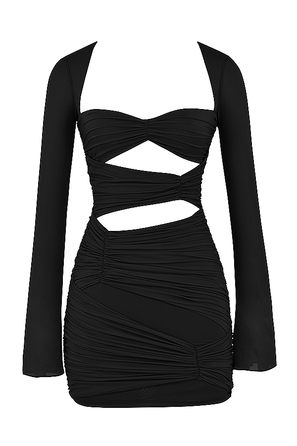 Camille-Black Real Silk Cutout Mini Dress