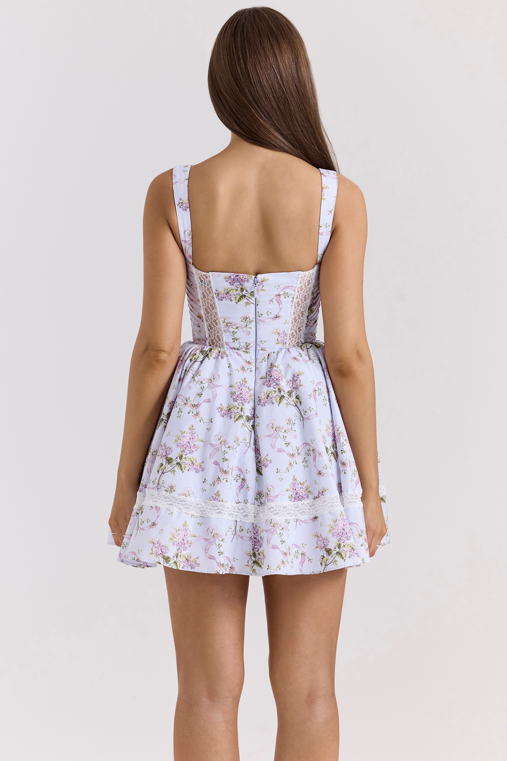 Kimmie-Lilac Ribbon Print Cotton Mini Dress