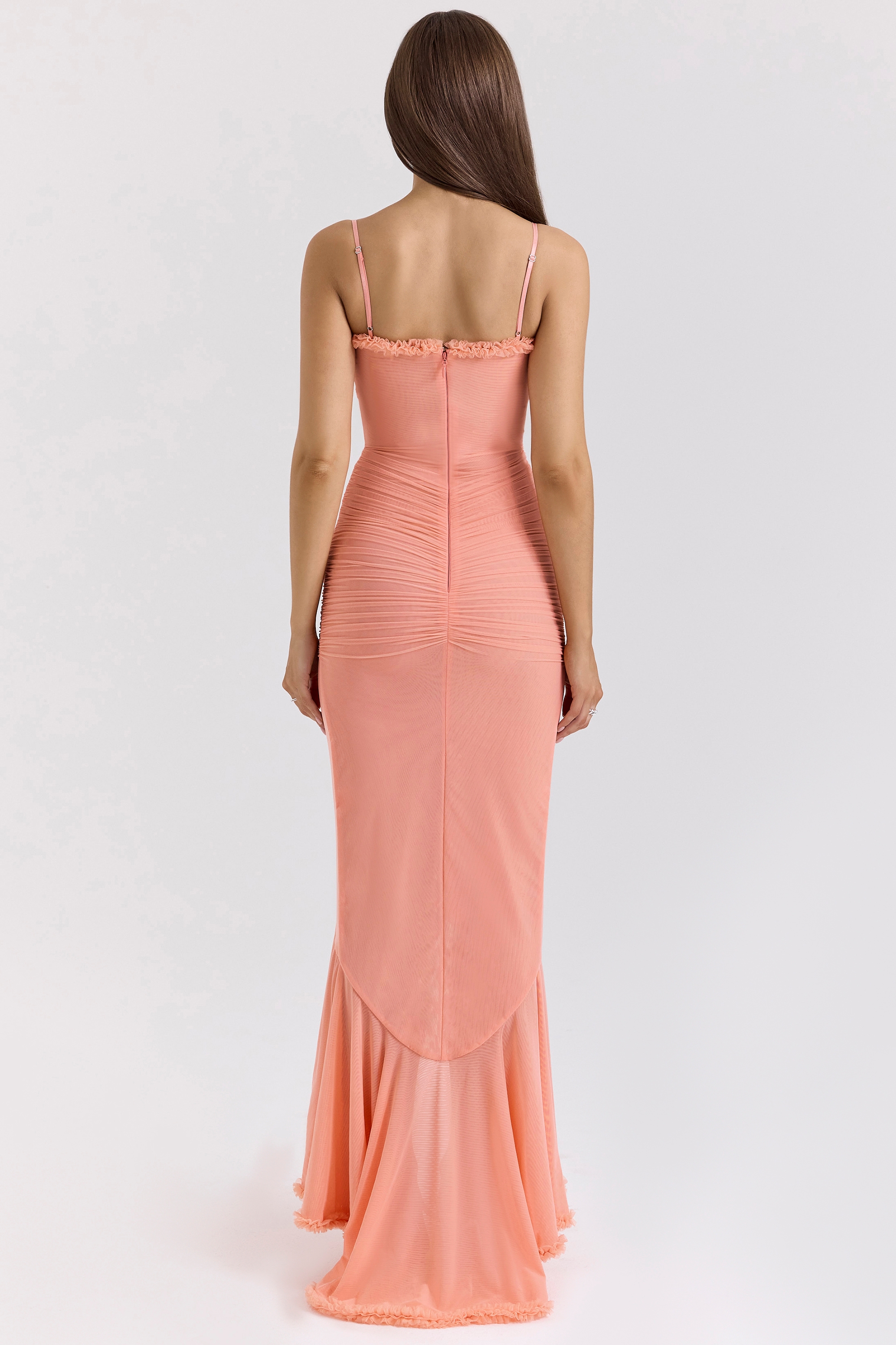 Gabbi-Peach Mesh Ruffled Front Gown